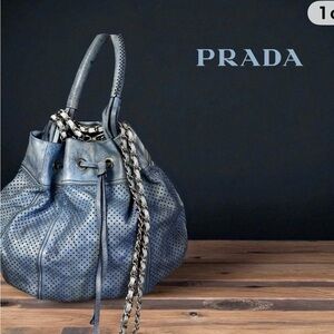 PRADA VINTAGE DISTRESSED DENIM LEATHER HIBI BAG